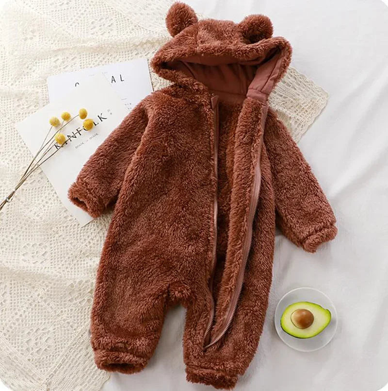 Thick Warm Baby Rompers Cute Winter Infant Jumpsuits Hooded Coral