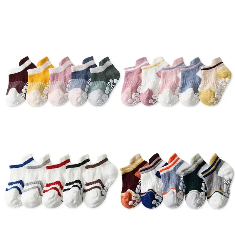 5Pairs/Lot Baby Anti Slip Socks Solid Stripe Girls Boys Newborn Kids