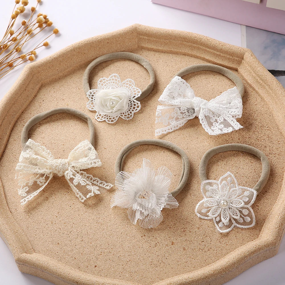 5Pcs/Set Baby Bow Headband Lace Flower Print Nylon Cotton Hair Bands