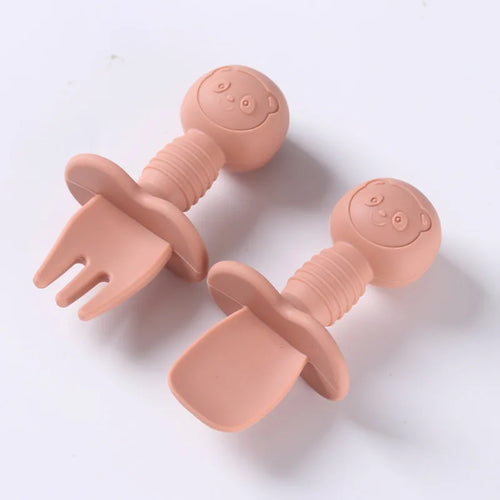 2pcs Food Grade Children Wooden Handle Silicone Spoon Fork Cutlery