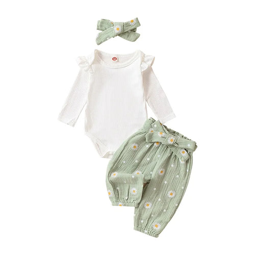 2023-11-03 Lioraitiin 0-24M Baby Girl Daisy Print Outfit Solid Ribbed