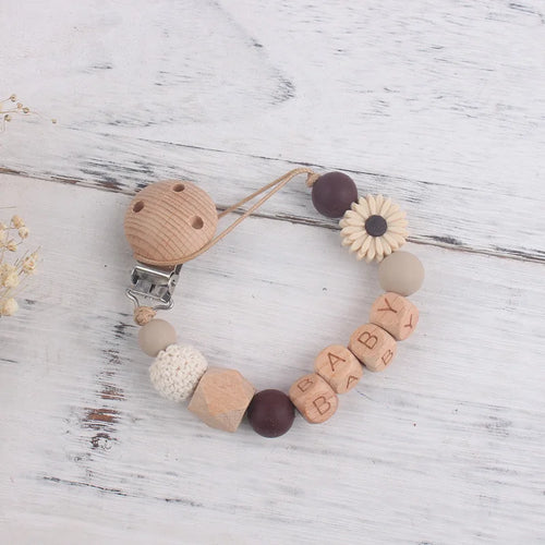 Handmade Free Personalized Name Silicone Wood Pacifier Clips Safe