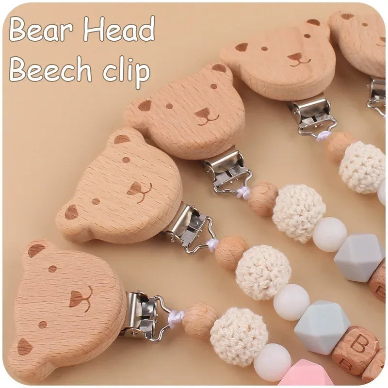 Baby Pacifiers Clips Personalized Name Cartoon Bear Beech wooden Star