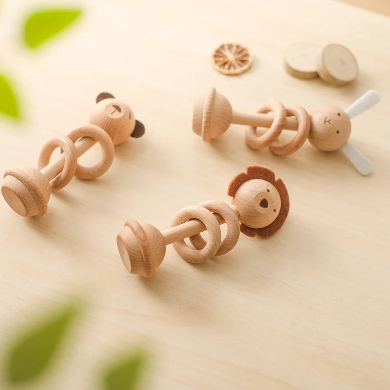 1pc Baby Rattles Toys Beech Wooden Animal Rattles Music Hand Bells