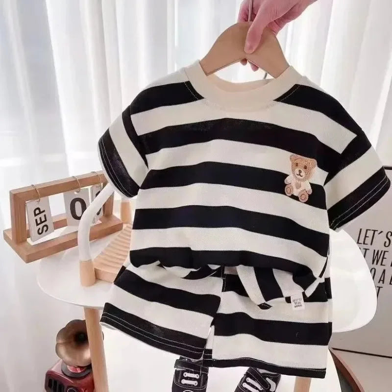 Summer Children Sets Boys Girls Short-sleeved Striped T-shirt +Shorts