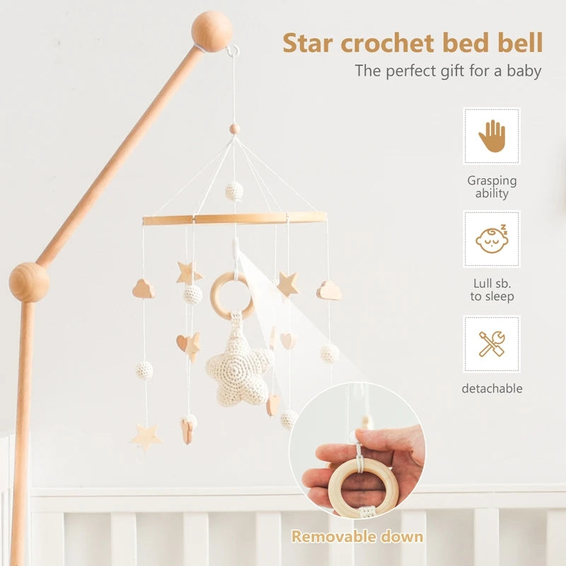 Baby Crib Mobile Bed Bell Rattle Toys Wooden Crochet Stars Pendant Bed