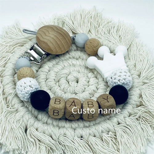 Custom Name Silicone Beads Wooden Ring Pacifier Clips Safe Teething