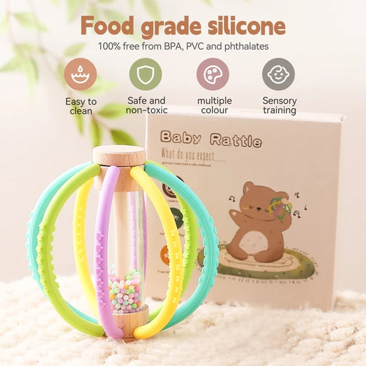 Baby Rattle Toy Wooden Rain Drum With Silicone Baby Sensory Touch Toy