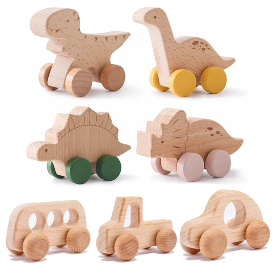 Wooden Baby Car Toys Beech Wooden Dinosaur Cartoon Car Teether