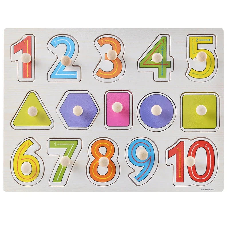 Baby Wooden Grab Board Number Letter Shape Recognition Puzzle Children