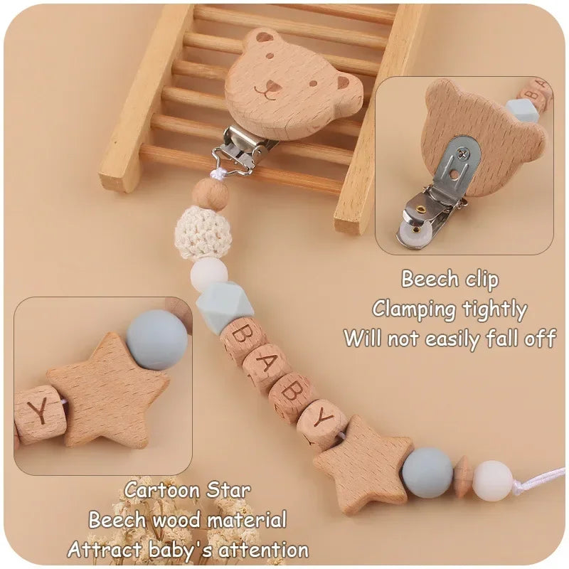 Baby Pacifiers Clips Personalized Name Cartoon Bear Beech wooden Star