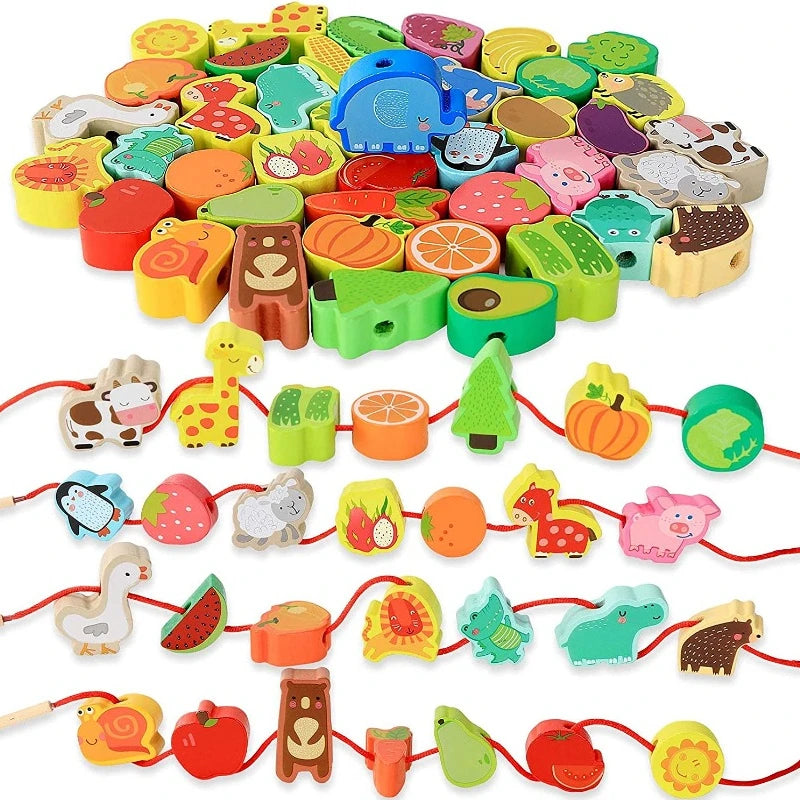 Monterssori Baby DIY Wooden Toys Cartoon Fruit Animal Stringing