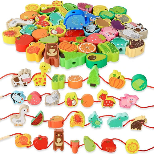 Monterssori Baby DIY Wooden Toys Cartoon Fruit Animal Stringing