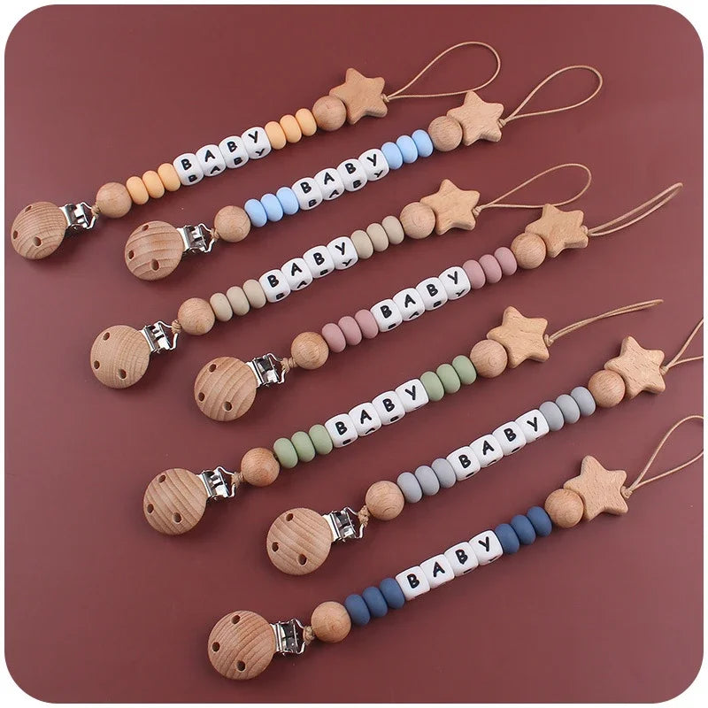 Baby Pacifiers Clips Wooden Star Personalized Name DIY Silicone Dummy