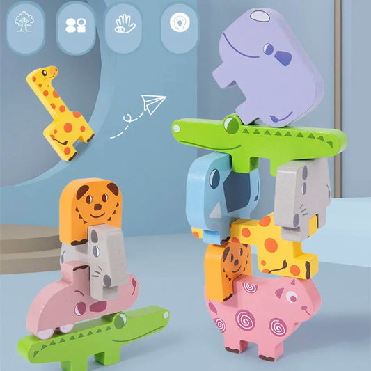 Wooden Animal Stacking Block Game Shape Matching Puzzle Balance Toy