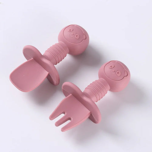 2pcs Food Grade Children Wooden Handle Silicone Spoon Fork Cutlery