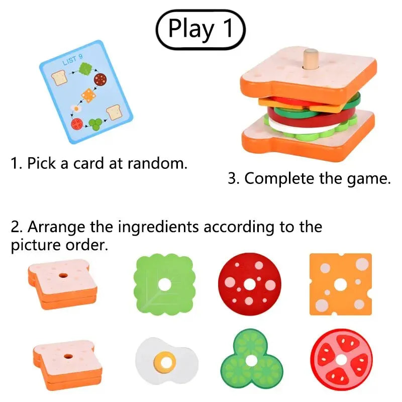 Montessori Wooden Hamburg Sandwich Stacking Toys With Order Cards Fine