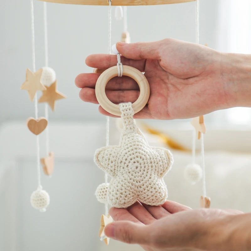 Baby Crib Mobile Bed Bell Rattle Toys Wooden Crochet Stars Pendant Bed