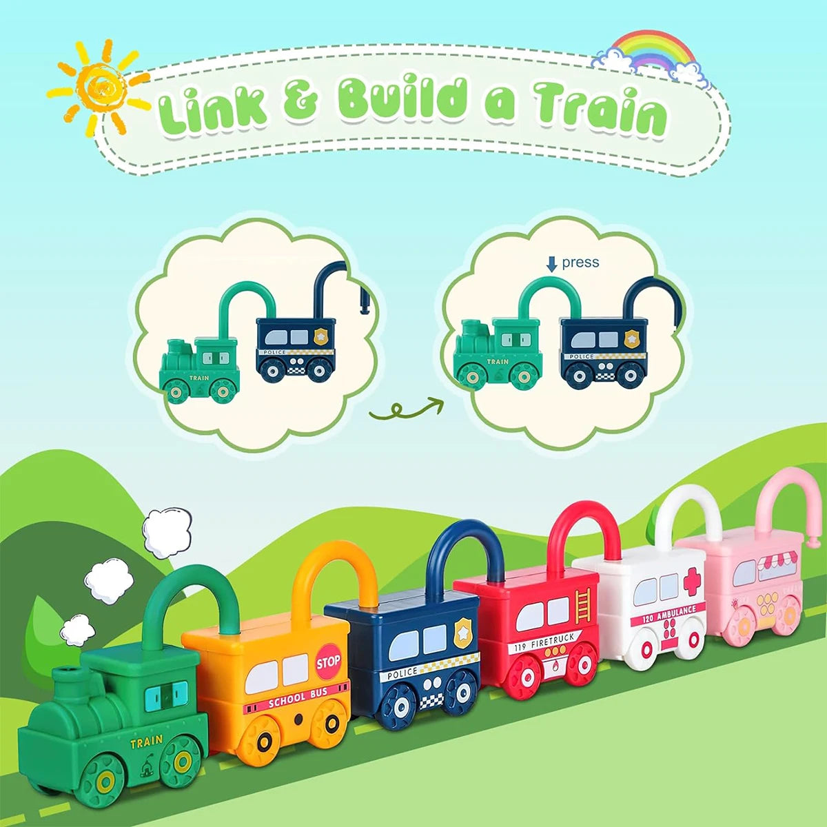 3Pcs Early Learning Lock Unlock Car Train Toy with Keys, Kids