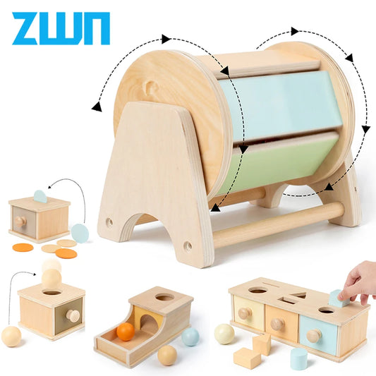 Montessori Infant Wooden Toys Target Box Rolling Drum Color Shape