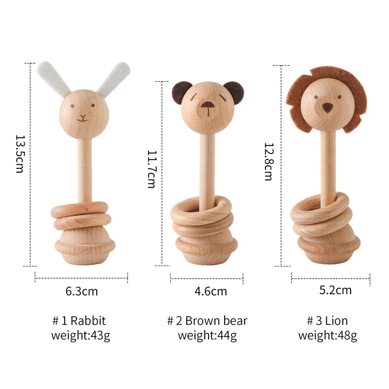 1pc Baby Rattles Toys Beech Wooden Animal Rattles Music Hand Bells