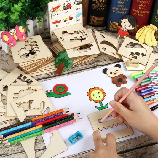 20pcs Montessori Kids Drawing Toys Wooden DIY Painting Template