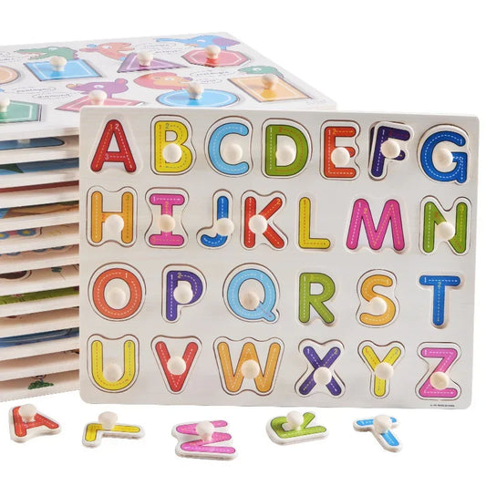 Baby Wooden Grab Board Number Letter Shape Recognition Puzzle Children