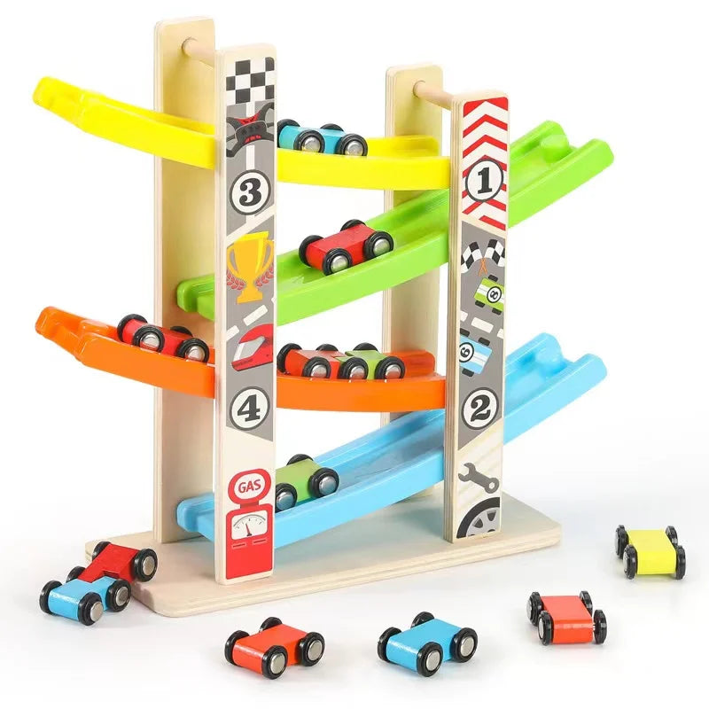 4/7 Track Wooden Ramp Racing Toddler Toy Car Set Montessori