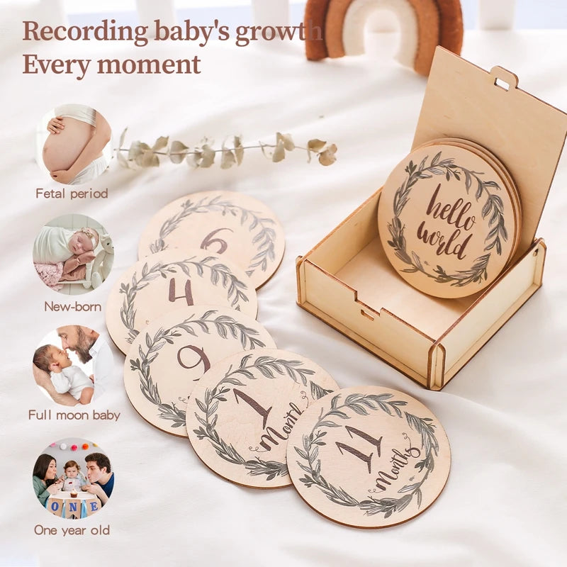 8Pcs Wooden Baby Milestone Cards Number Monthly Memorial Cards Wooden