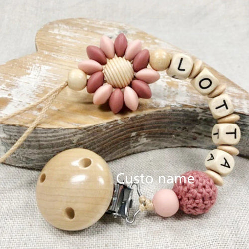 Custom Name Silicone Beads Wooden Ring Pacifier Clips Safe Teething