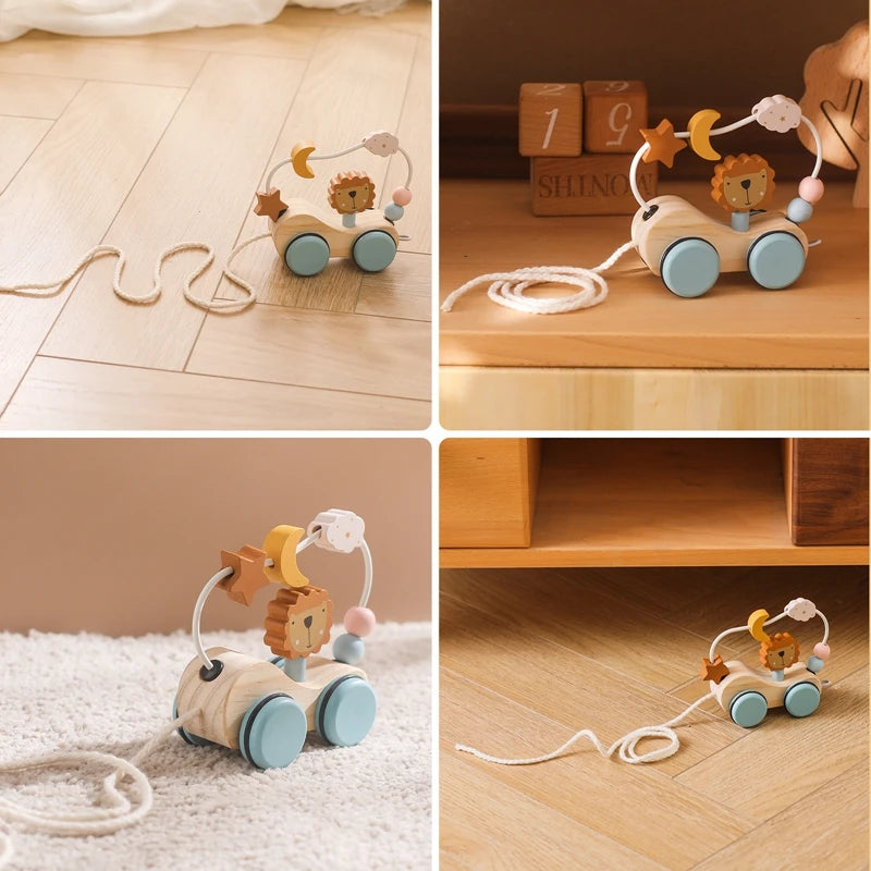 Wooden Baby Dragging Stars Moon Surround Car Beech Baby Toys Car