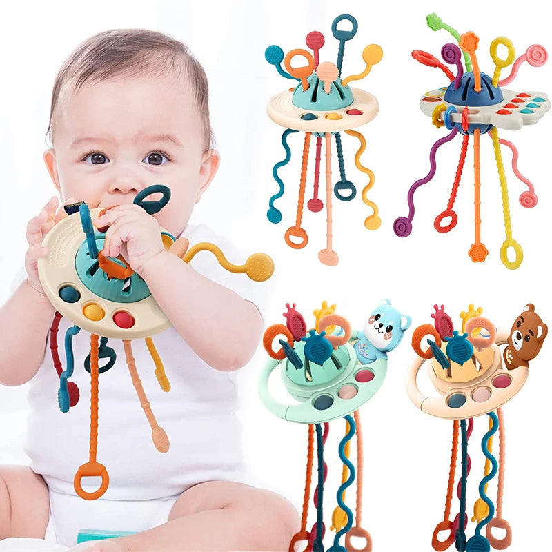 Development Baby Rattle Teether Toys Montessori Silicone Pull String