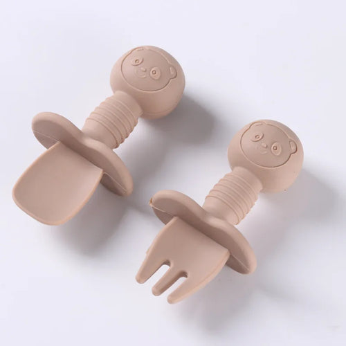 2pcs Food Grade Children Wooden Handle Silicone Spoon Fork Cutlery