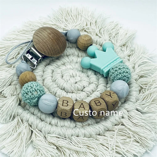 Custom Name Silicone Beads Wooden Ring Pacifier Clips Safe Teething