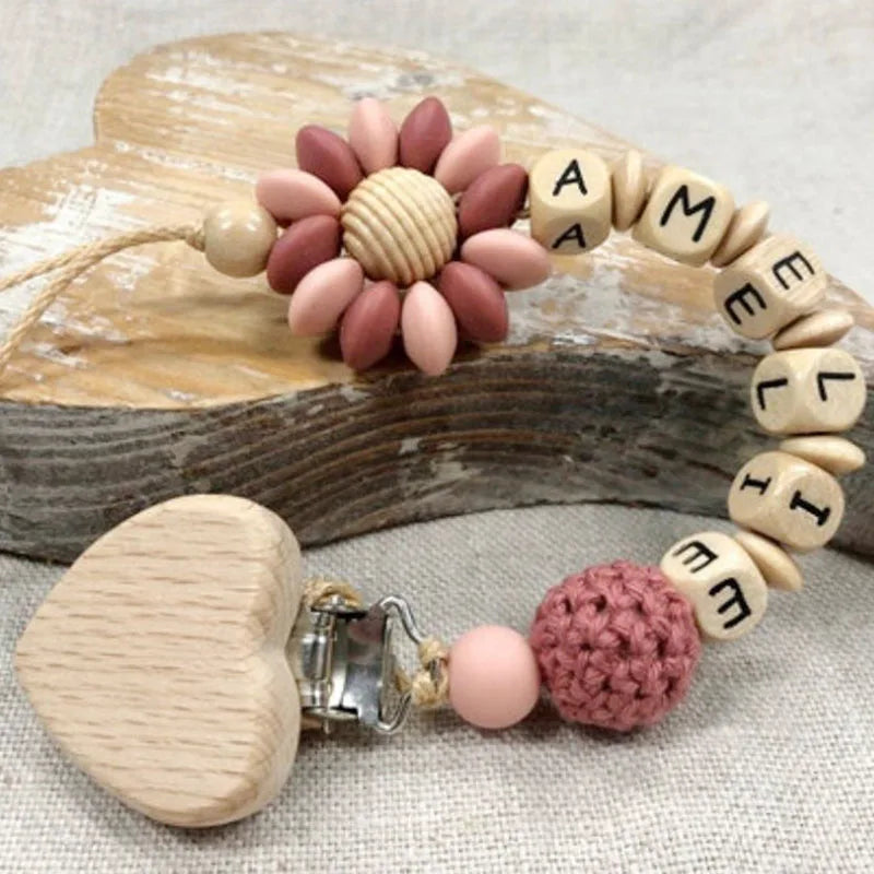 Custom Name Silicone Beads Wooden Ring Pacifier Clips Safe Teething