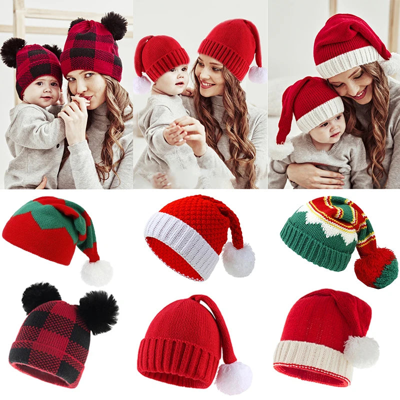 Parent-Child Christmas Hat Big Pompom Mother Kids Knit Beanie Cap