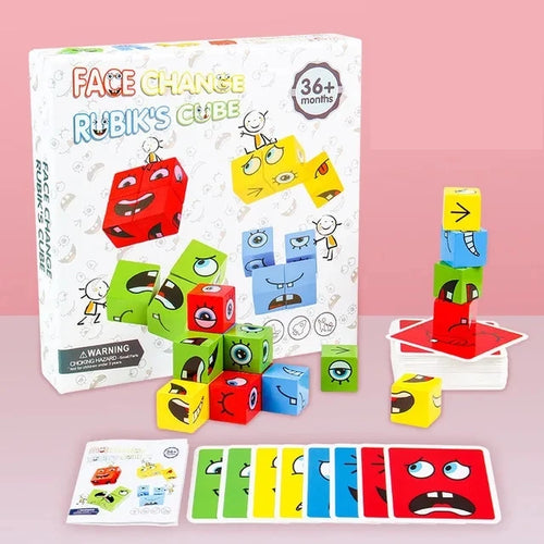 Kids Emotions Expression Game Wooden Cube Face Changing Board Cartoon