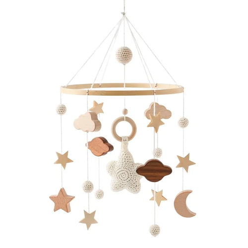 Baby Crib Mobile Bed Bell Rattle Toys Wooden Crochet Stars Pendant Bed