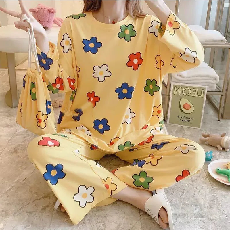 Cartoon Mickey and Minnie Print Girls Long Sleeve Pajamas Spring