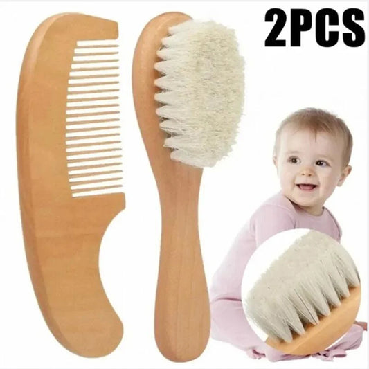 2pcs Baby Comb Set Baby Care Hair Brush Beech Soft Wool Wood Comb