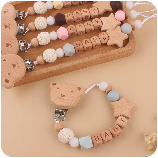 Baby Pacifiers Clips Personalized Name Cartoon Bear Beech wooden Star