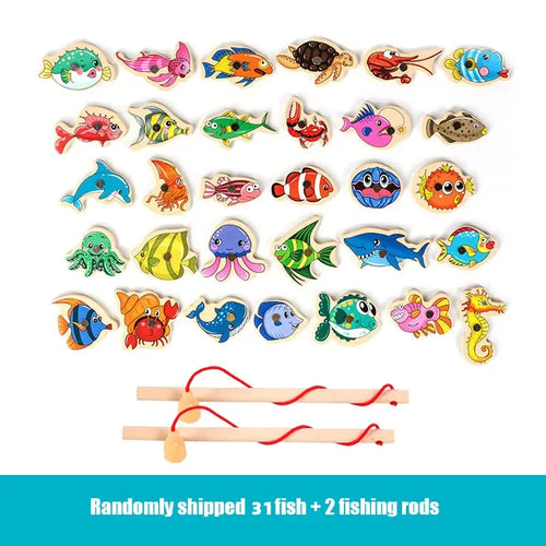 Montessori Wooden Fishing Toys For Children Magnetic Marine Life