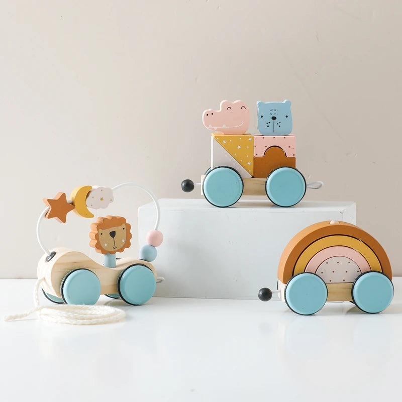 Wooden Montessori Toys Animal Block Dragging Stars Moon Surround Train