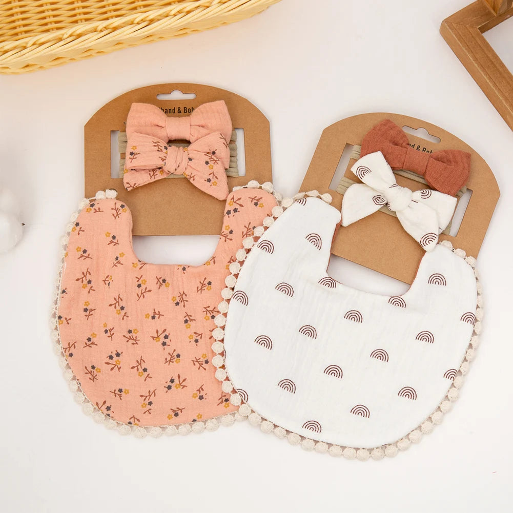 3Pcs/Set Baby Flower Bibs & Headbands Bow Nylon Hairbands Double Side