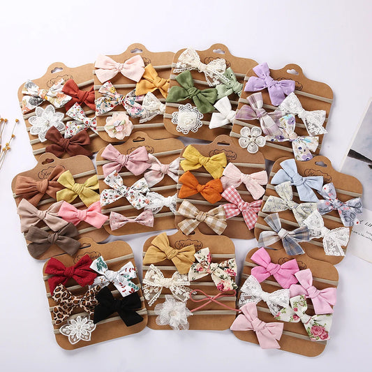 5Pcs/Set Baby Bow Headband Lace Flower Print Nylon Cotton Hair Bands