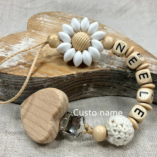 Custom Name Silicone Beads Wooden Ring Pacifier Clips Safe Teething