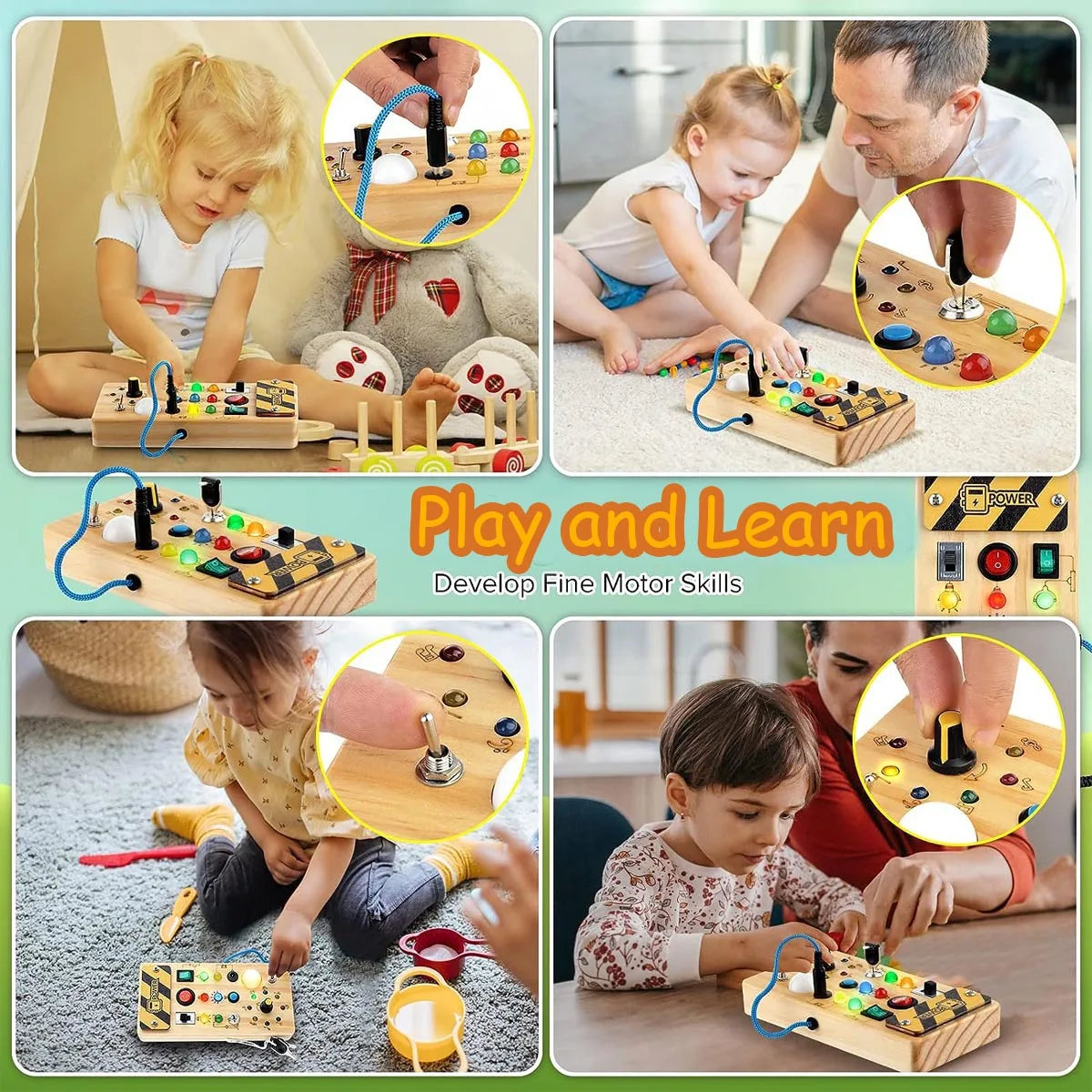 Montessori Busy Board Sensory Toys Wooden With LED Light Switch