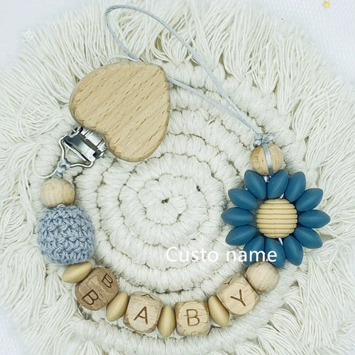 Custom Name Silicone Beads Wooden Ring Pacifier Clips Safe Teething