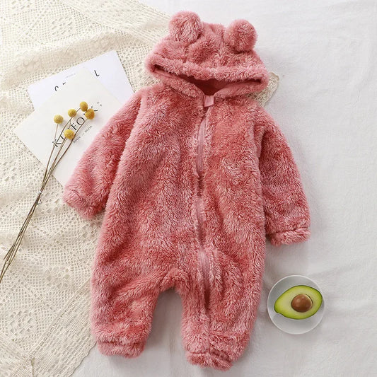 Thick Warm Baby Rompers Cute Winter Infant Jumpsuits Hooded Coral