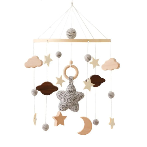 Baby Crib Mobile Bed Bell Rattle Toys Wooden Crochet Stars Pendant Bed